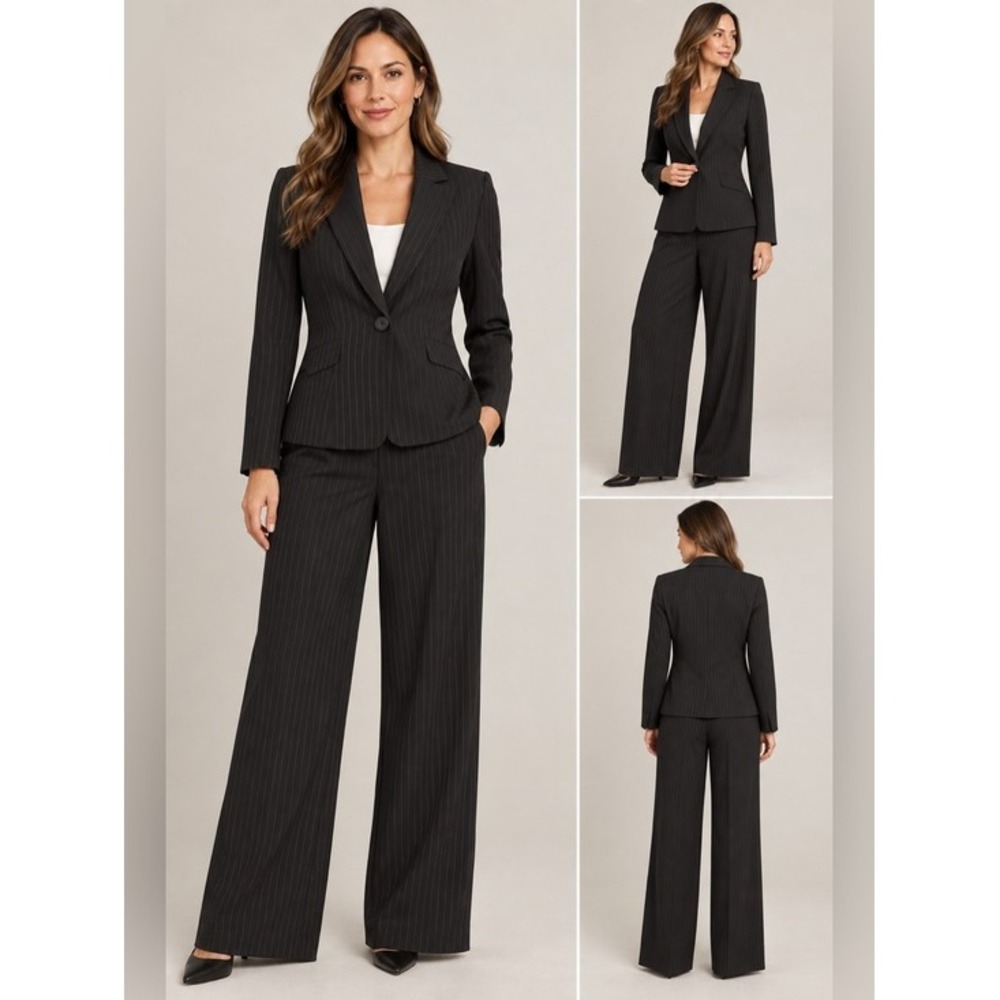 EVAN PICONE PETITE. 14P. Black Pinstripe Suit. Single button closure.